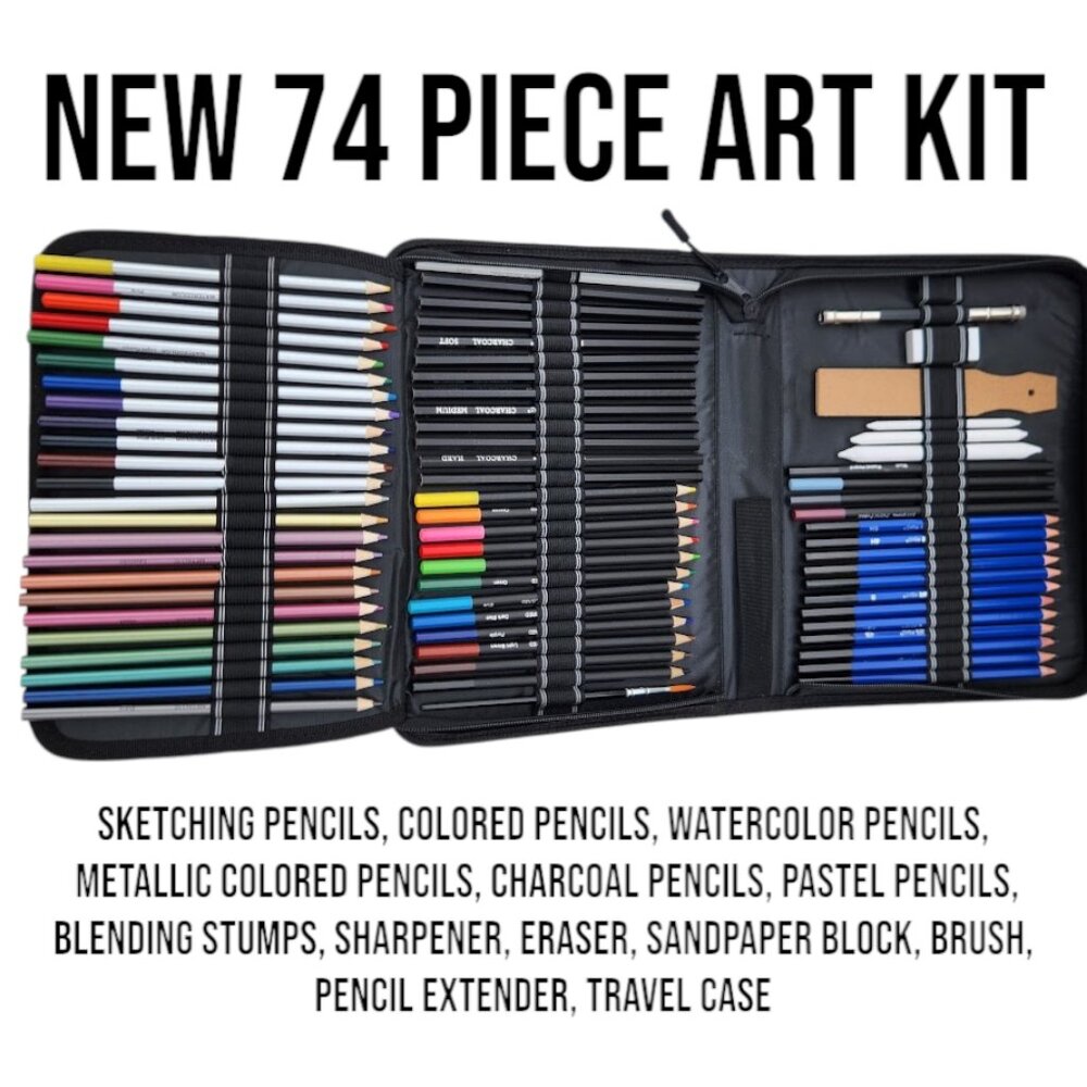 NEW 74 Piece Art Kit Supplies Watercolor Pencils Charcoal Travel Case Colored Pe